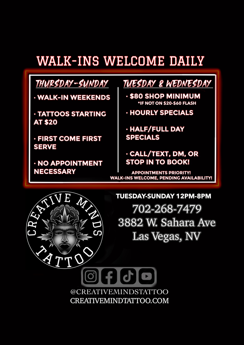 Location, hours and specials we have at Creative Minds Tattoo